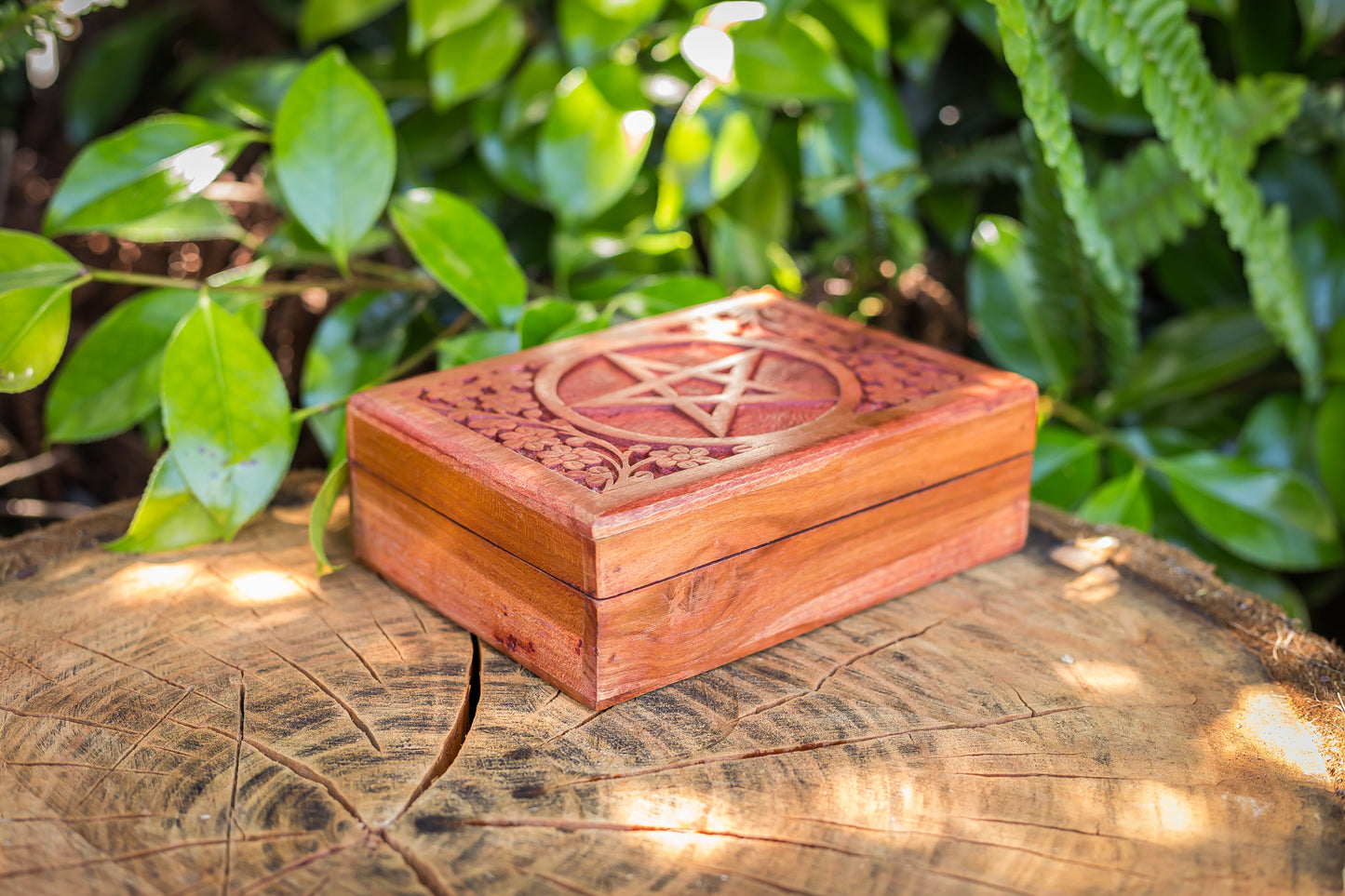 Carved Wooden Box | Red Stained Pentacle