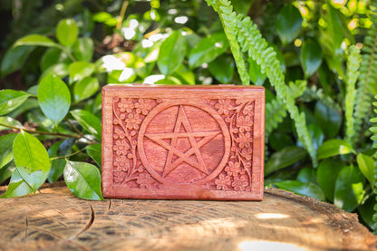 Carved Wooden Box | Red Stained Pentacle